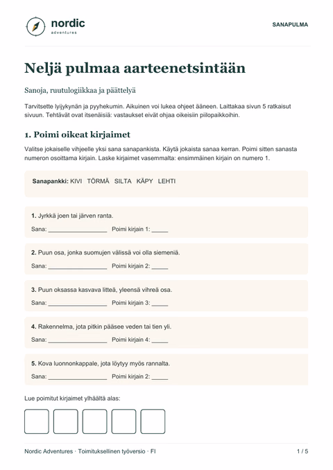 Oikea sivu PDF-vihkosta · Neljä pulmaa aarteenetsintään