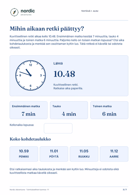PDF-vihkon oikea sivu: kellotaulu, kuvitteellisen retken ajat ja seuraavan paikan taulukko