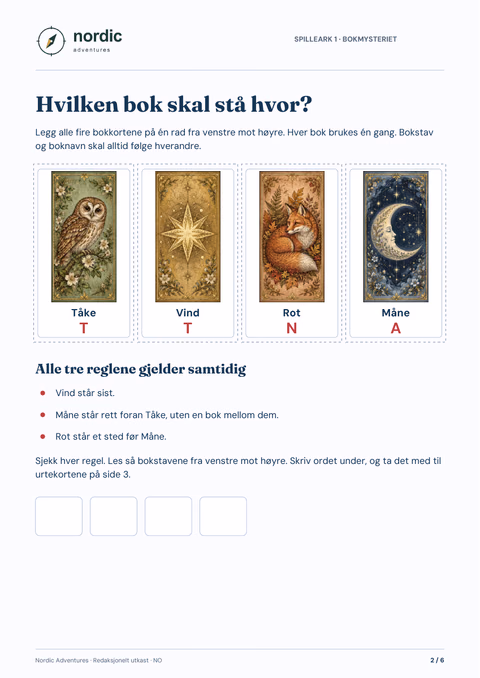 En faktisk side fra det norske PDF-heftet med fire illustrerte bokkort og tre regler
