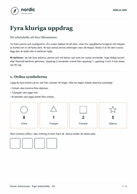 Riktig sida ur PDF-häftet · Fyra kluriga uppdrag på papper