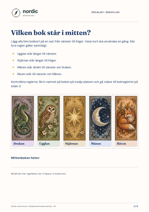 En riktig sida ur det svenska PDF-häftet med fem illustrerade bokkort