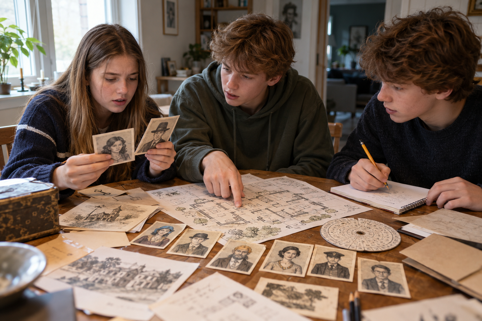 Tre ungdomar jämför illustrerade personkort och en planritning vid ett köksbord