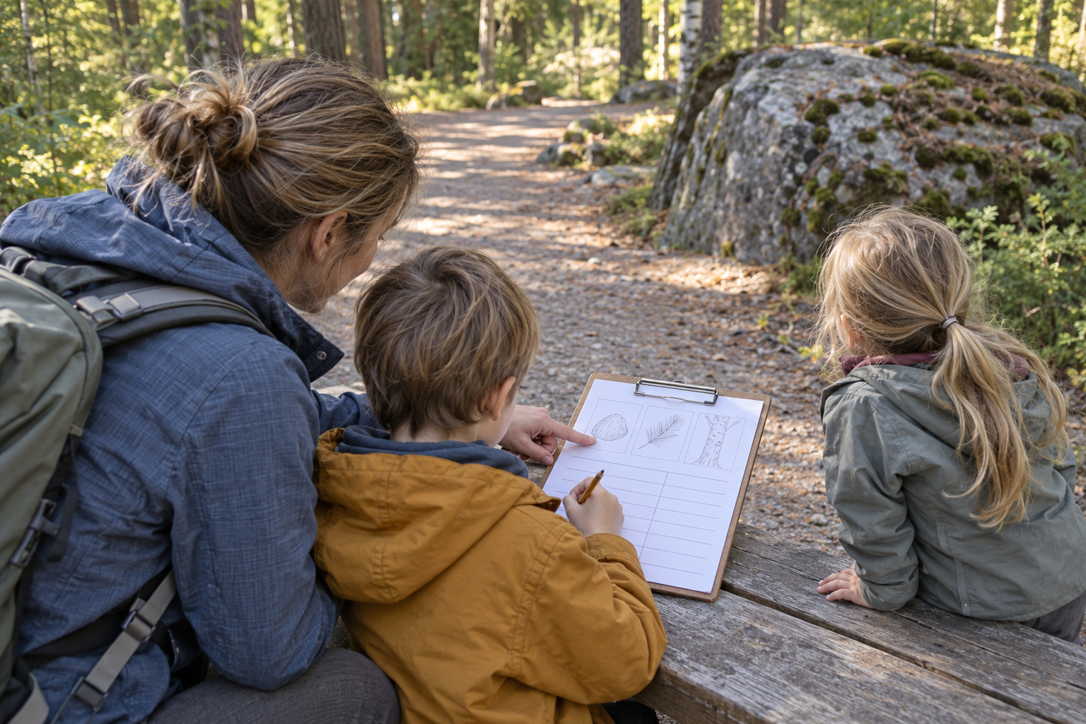 Lapsi pitää kynää paperin yllä penkillä, aikuinen osoittaa piirrosta ja toinen lapsi on vieressä.