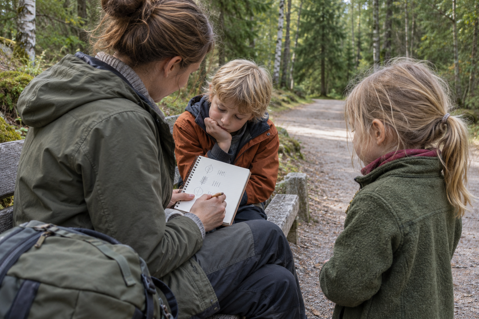 En voksen holder en notatbok med tegninger og streker sammen med to barn ved en benk i skogen.