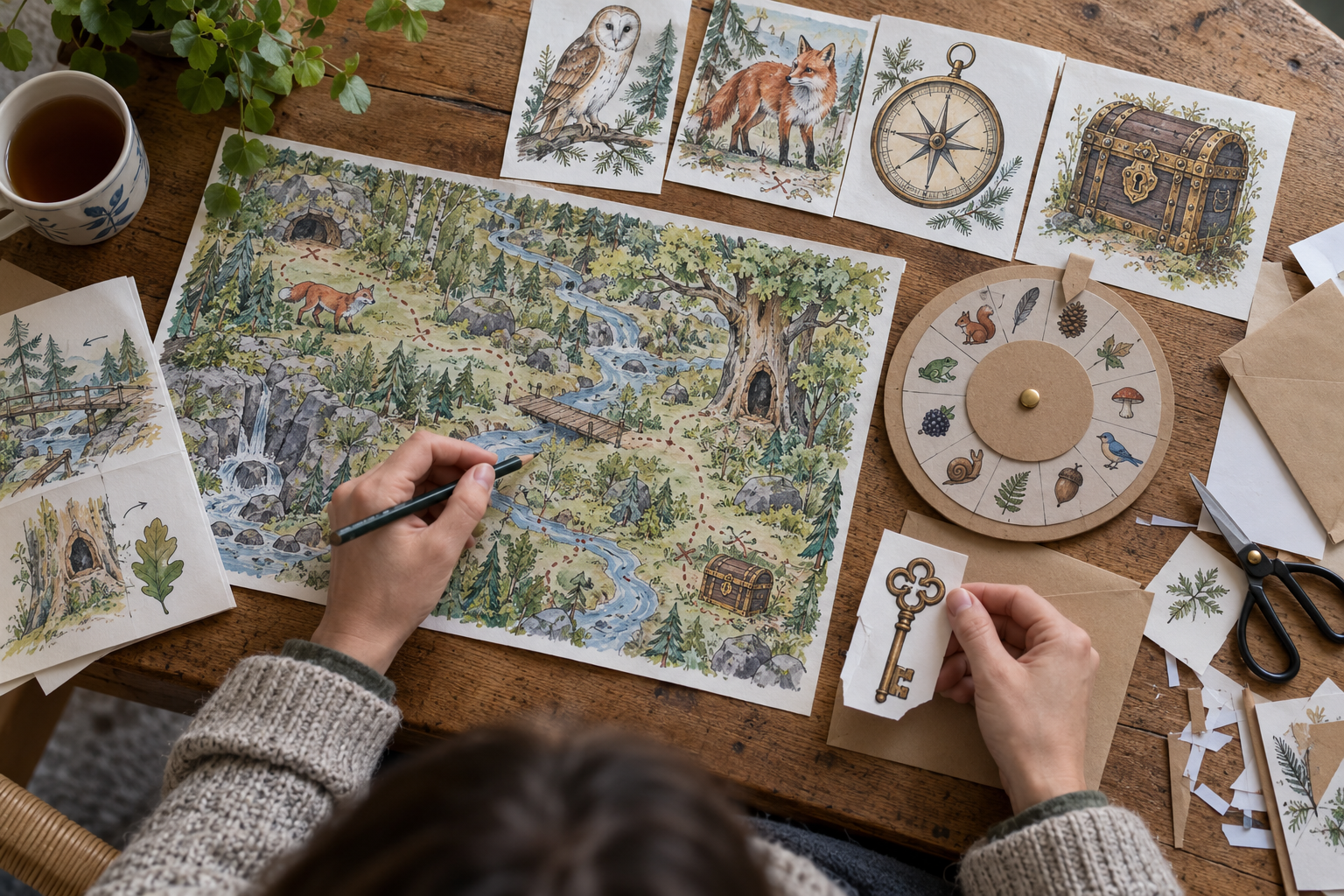 En vuxen planerar ett äventyr med illustrerad skogskarta, bildkort och kuvert