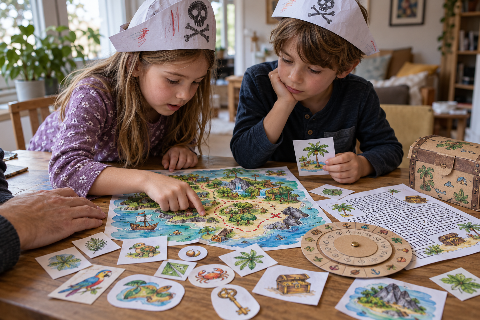 Barn i pirathattar löser ett äventyr med illustrerad skattkarta och pappersgåtor