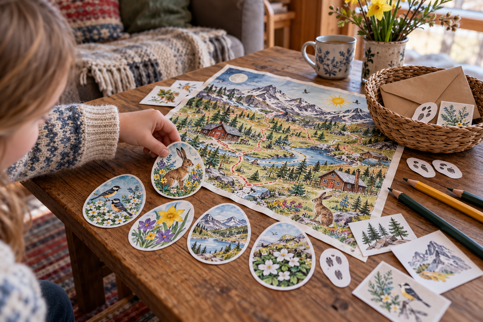 Illustrerte papiregg, harespor og et fjellkart til et påskemysterium