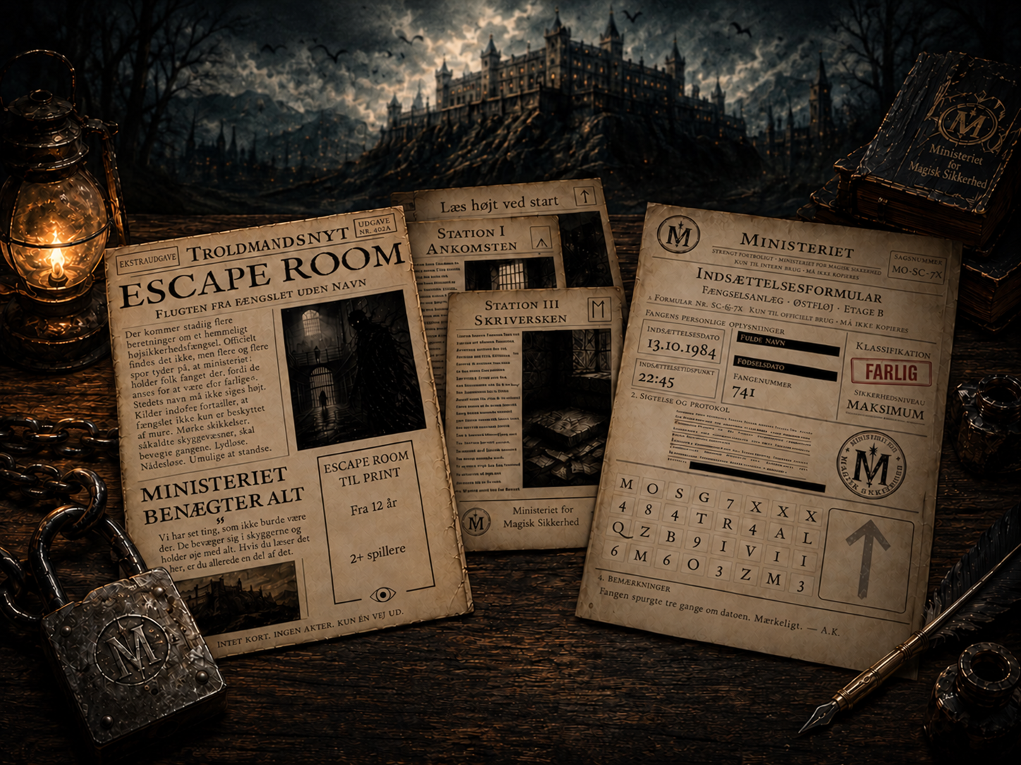 Escape room til print med avisforside og fangeformular foran en oplyst fæstning om natten.