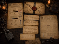 Indsættelsesformular, kuvert 3147, brevstykker og patruljeplan til escape room-spillet.