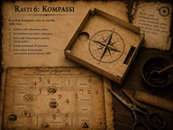 Kompassikehys ja itäsiiven pohjapiirros, jossa on huonesymboleja ja numeroita.