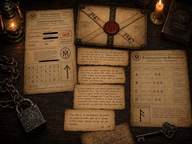 Innsettelsesskjema, konvolutt 3147, brevfragmenter og patruljeplan til escape room-spillet.