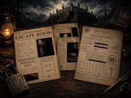 Utskrivbart escape room med tidningssida och fångformulär framför en upplyst fästning på natten.