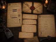 Inskrivningsformulär, kuvert 3147, brevfragment och patrullplan för escape room-spelet.