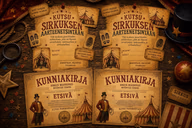 Kaksi sirkuskutsua ja kaksi etsivän kunniakirjaa, joissa on sirkustelttoja ja sirkustirehtöörejä.