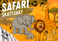 Safariomslag med elefanter, lejon, giraff och zebror. Text: 6–9 år, 3–10 barn.