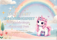 Rosa enhörning under en regnbåge, med skattjaktens titel och åldern 3–6 år.