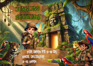 To eventyrere, en jaguar og papegøjer ved et jungletempel. Skattejagt for børn på 3–9 år og 3–15 deltagere.