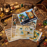 Piratpaket med omslag, förberedelser, stationsblad och den nya skattkartan på ett bord.