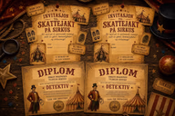 To invitasjoner og to detektivdiplomer med sirkusmotiver, telt og sirkusdirektører.