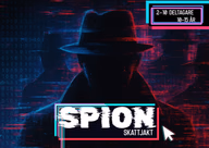 Spionsiluett och neonskyltar med svenska texter för en skattjakt