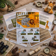 Safariskattejagt med forældreinformation, forberedelse og otte poster på dansk.