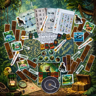 Djurkort, labyrinter, symbolblad och kodhjul till djungelns skattjakt.