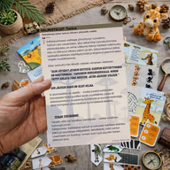 Kädessä pidettävä suomenkielinen safariseikkailun tarina ja tehtävä