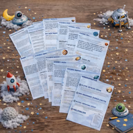 De ursprungliga spelsidorna med svenska stationsrubriker och bonusrubriker på ett bord med rymdfigurer.
