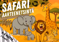 Safariaarteenetsinnän kansi, jossa on norsuja, leijonia, kirahvi ja seeproja. Teksti: 6–9 vuotta, 3–10 lasta.