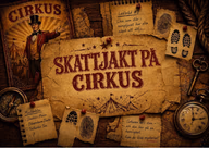 Cirkusaffisch och ledtrådar med fingeravtryck, skospår och ett fickur.