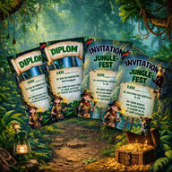Invitationer og diplomer på dansk mellem junglemotiver med uændrede eventyrere, dyr og skattekiste.