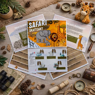 Safariskattjakt med föräldrainformation, förberedelser och åtta stationer på svenska.
