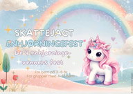 Lyserød enhjørning under en regnbue med skattejagtens titel og alderen 3–6 år.
