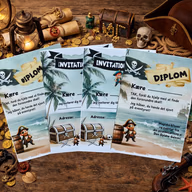Danske piratinvitationer og diplomer på et træbord med piratudstyr