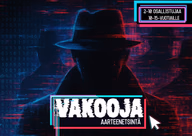 Vakoojan siluetti ja suomenkieliset neontekstit aarteenetsintää varten