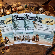 Norske piratinvitasjoner og diplomer på et trebord med piratutstyr