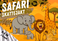 Safariomslag med elefanter, løver, sjiraff og sebraer. Tekst: 6–9 år, 3–10 barn.