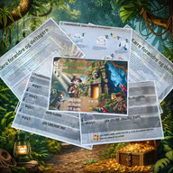 Junglepakke med forældrebreve, forberedelse, postkort og skattejagtens forside.