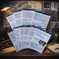 Overlappende gådekort og hemmelige dokumenter i originalfotoet med danske overskrifter på de læsbare etiketter.